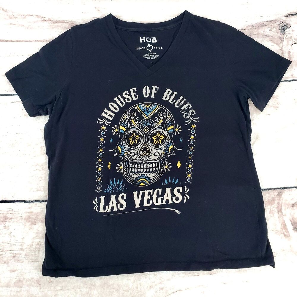House Of Blues Las Vegas Large Womens Black V Neck Shirt Sugar Skull Band Tee
